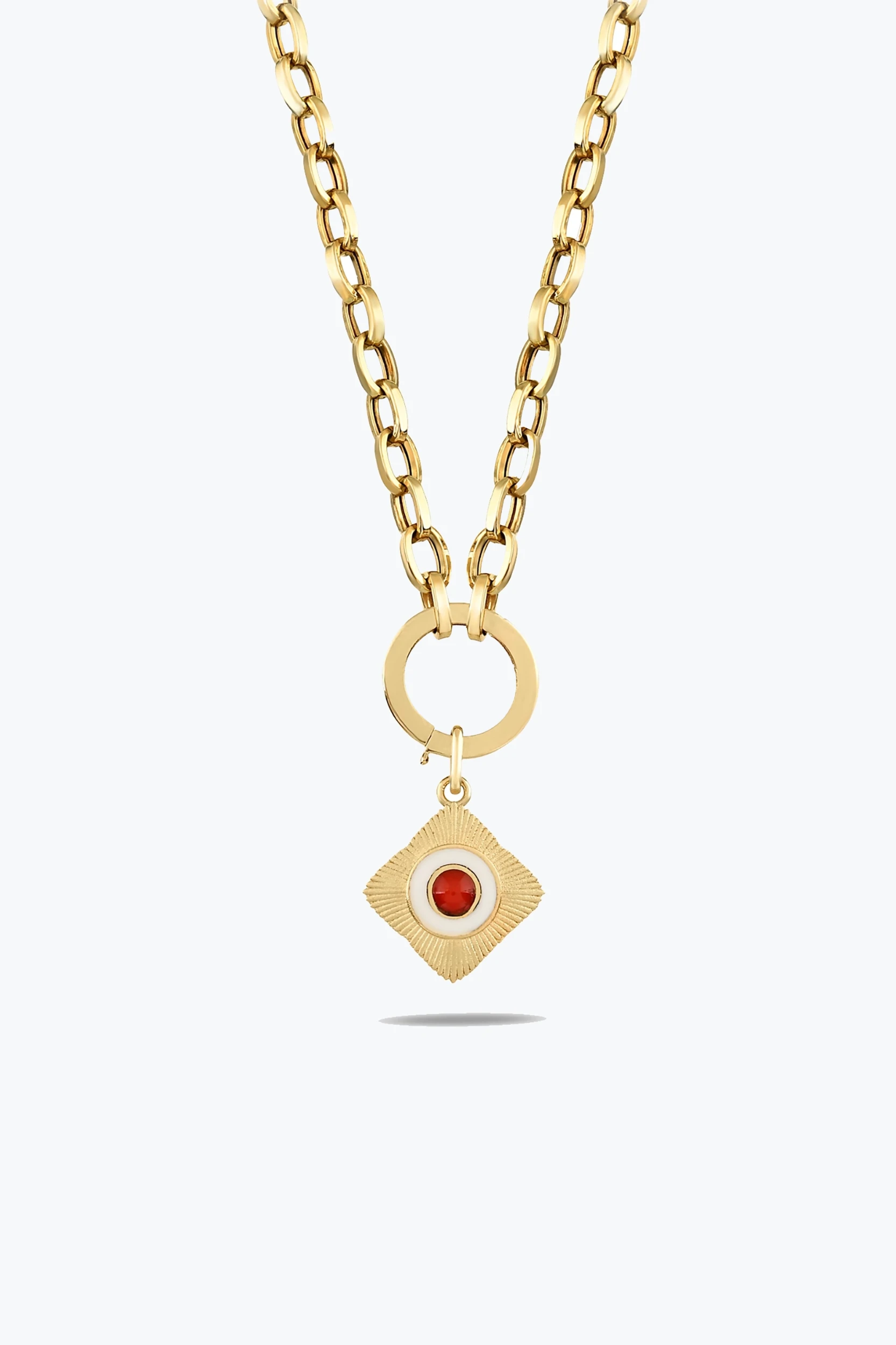 Yuvarlak Kırmızı Taşlı Etnik Madalyon Charm Kolye 1 Yuvarlak Kırmızı Taşlı Etnik Madalyon Charm Kolye 14 Ayar altın Charm Kolye modelleri ve fiyatlarıdan bir ürünü